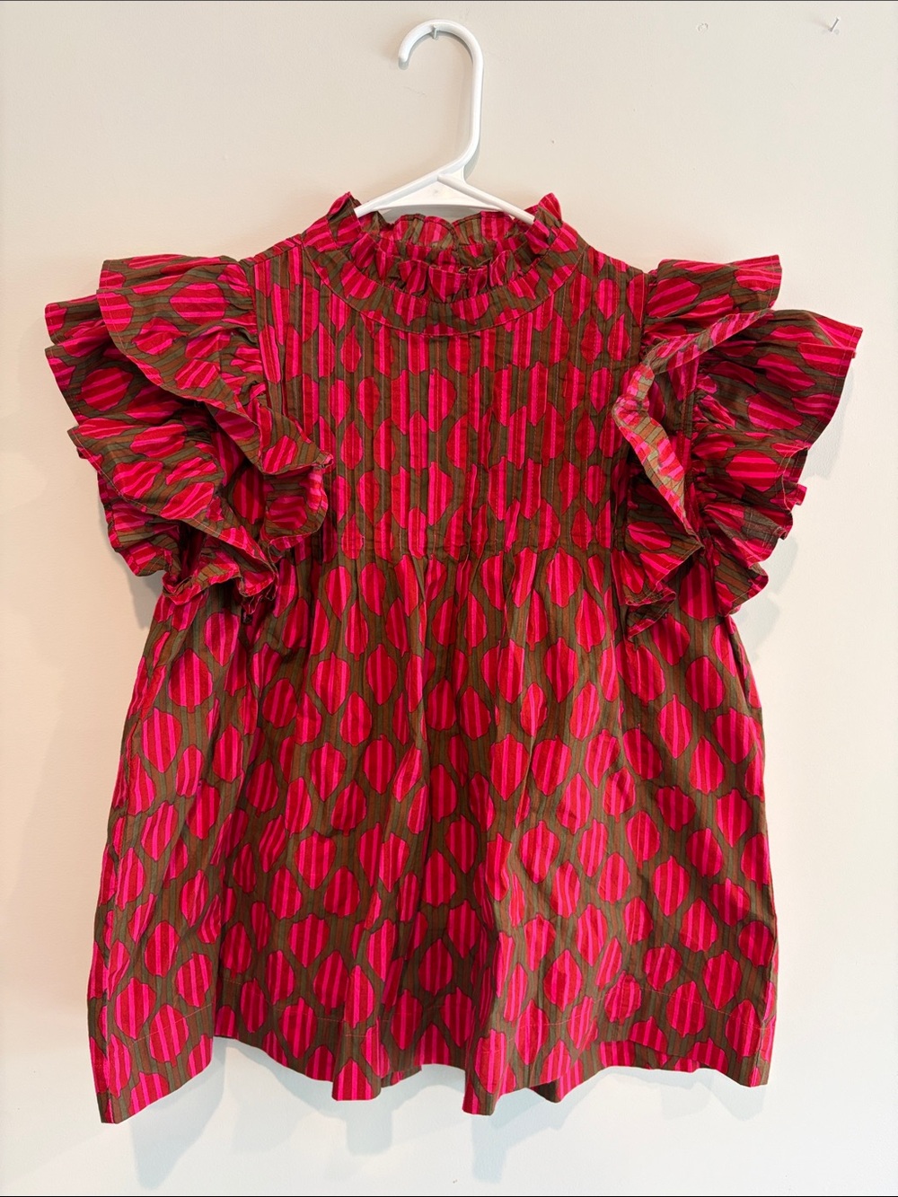 Oliphant Pink and Olive Ruffle Sleeve Pattern Top